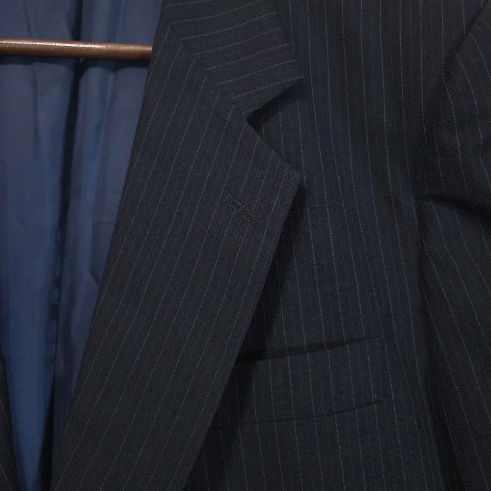Vtg Sussex 100% Pure Wool Blazer Mens 46L Pinstripe Two Button Black Jacket 80s